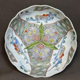オシドリに松ぼっくり図染付なます皿　/756