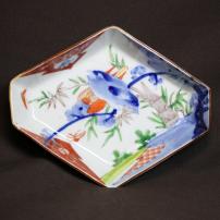 鳥に松竹梅図染付変形皿　/556