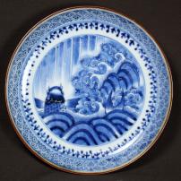 鯉の滝登り図染付中皿　/641