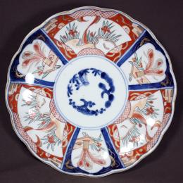 菖蒲に松竹梅図赤絵染付大皿　/444