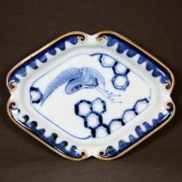 鶴図染付変形皿　/562