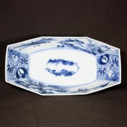 鶴に山水図染付舟形変形皿　/563
