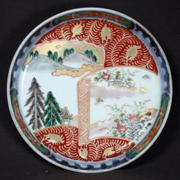 花に蝶図染付赤絵中皿　/649