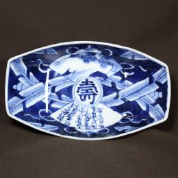 寿に芭蕉図染付変形皿　/572