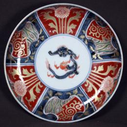 龍図赤絵染付中皿　/653