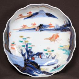 鶴に山水図染付なます皿　/790