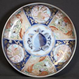 鶴に鳳凰図赤絵染付中皿　/634