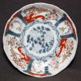 兎に牡丹図赤絵染付小皿　/2140