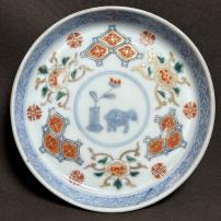 唐獅子牡丹図染付小皿　/1864
